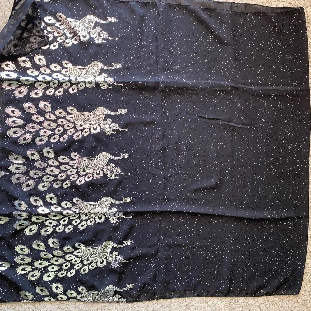 Beautiful Silver peacock printed Egyptian black cotton scarf NWOT